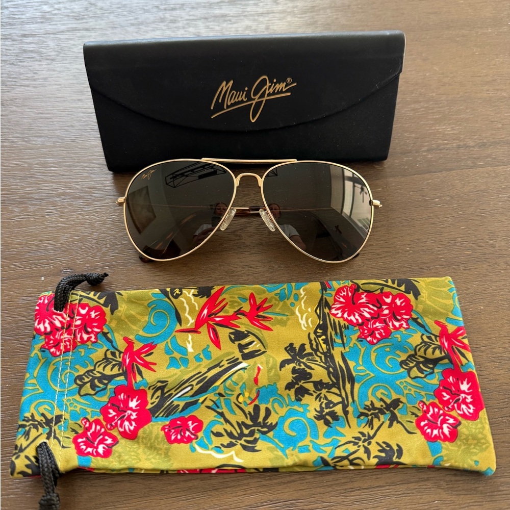 Maui Jim Gold Aviator Sunglasses with Floral Pouch